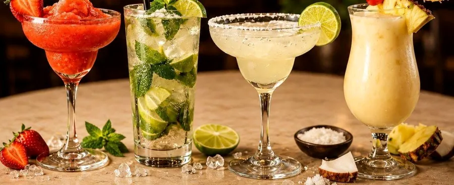Strawberry daiquiri, mojito, margarita and piña colada