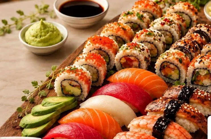 Nico’s sushi: salmon roses, rainbow rolls and nigiri on a board
